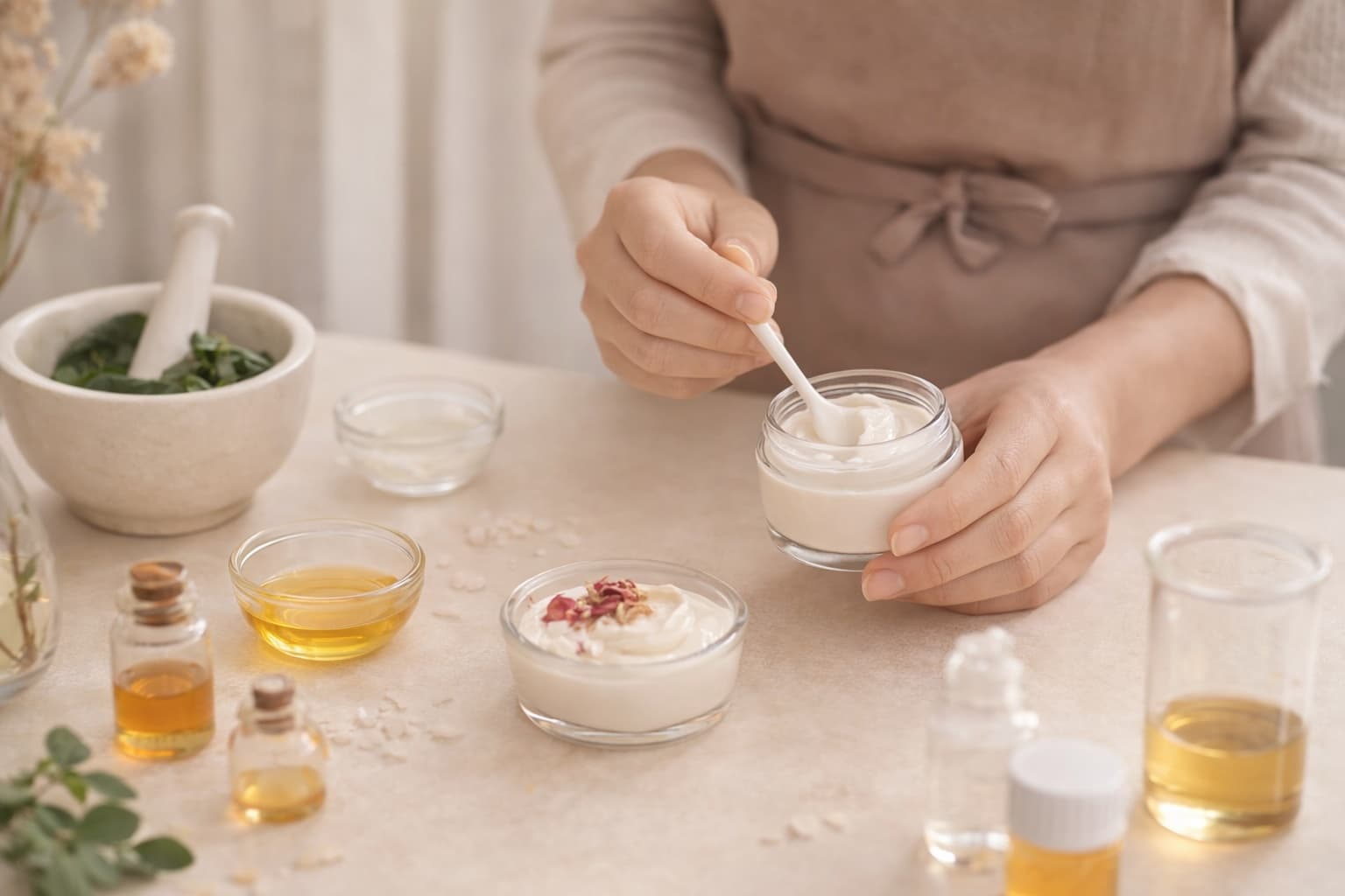 Frau rührt Creme an, umgeben von Ölen, Kräutern und Tiegeln – Creme selber herstellen und verkaufen