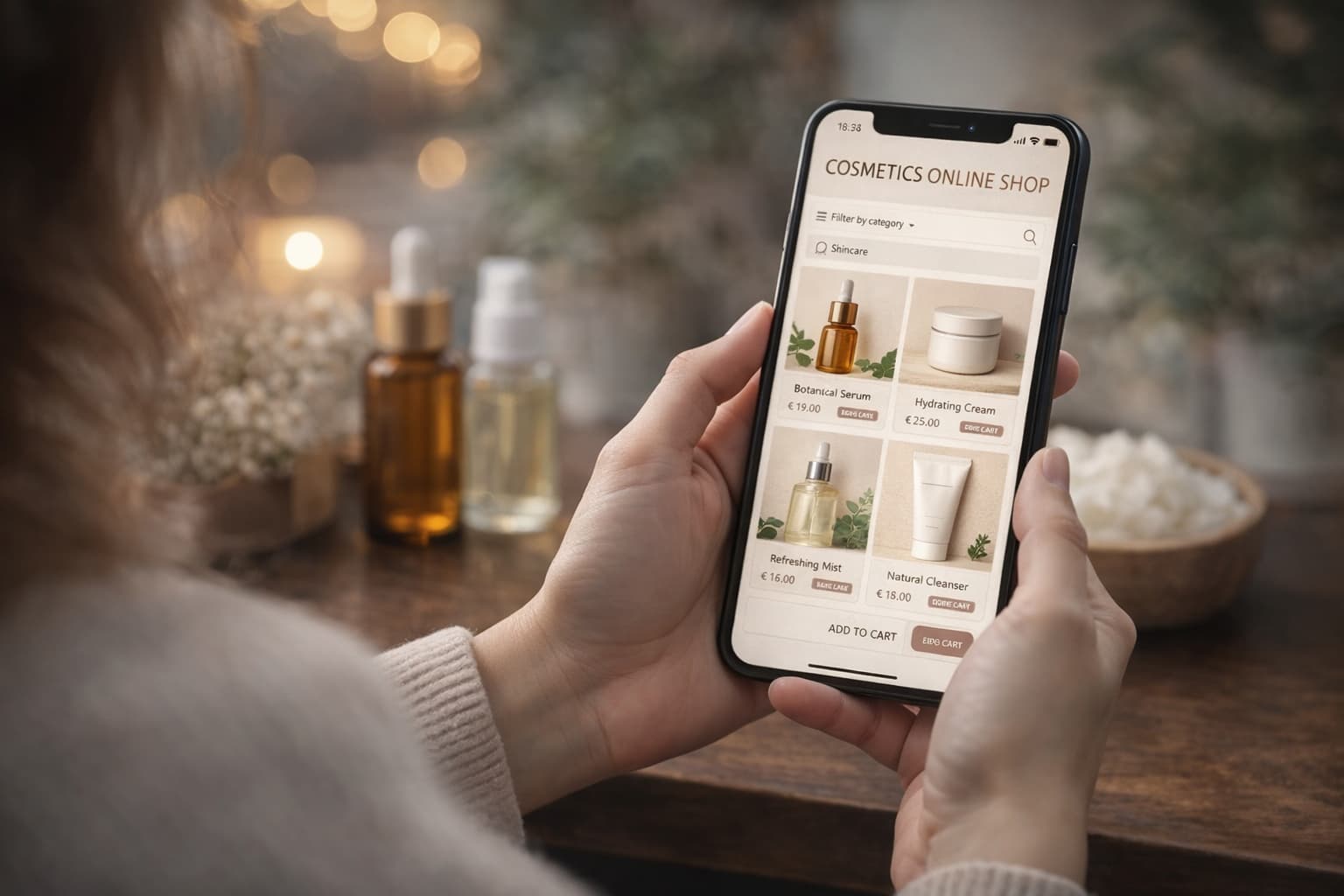 Smartphone in der Hand zeigt einen Kosmetik-Online-Shop mit Produkten und Preisen – mobiles Marketing für handgemachte Kosmetik
