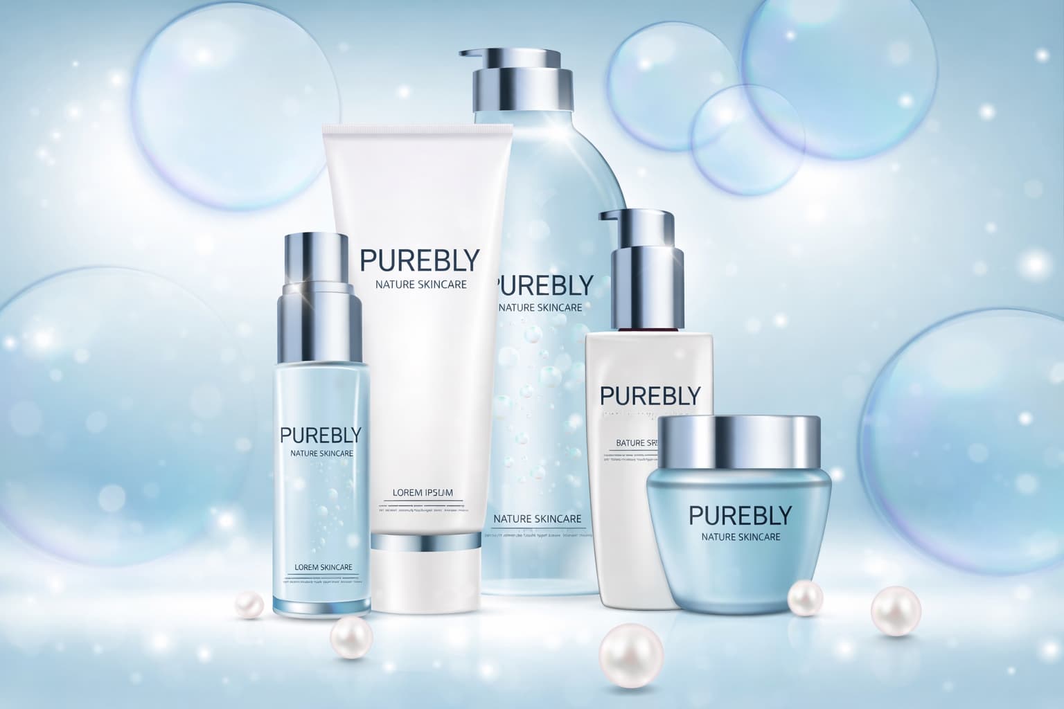 Blaue Skincare-Produktlinie mit fünf Produkten und einheitlichem Markendesign – eigene Kosmetiklinie erstellen mit konsistentem Branding