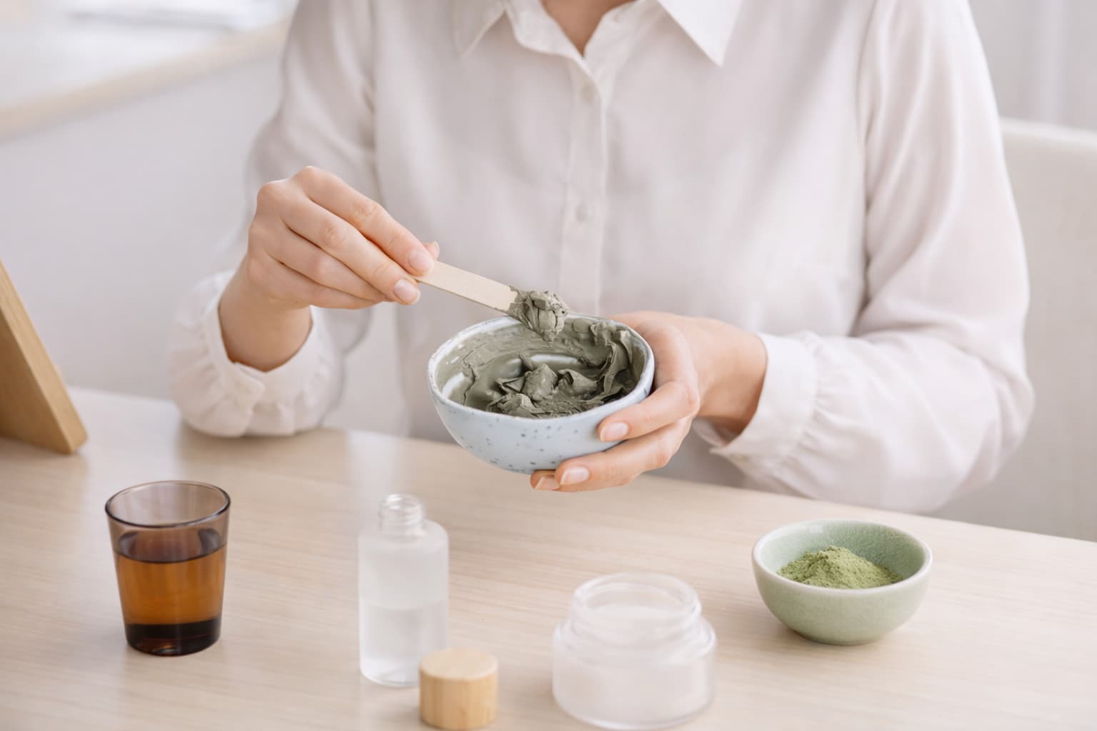 Frau rührt handgemachte Kosmetik in einer Schale an – selbstgemachte Kosmetik herstellen und verkaufen