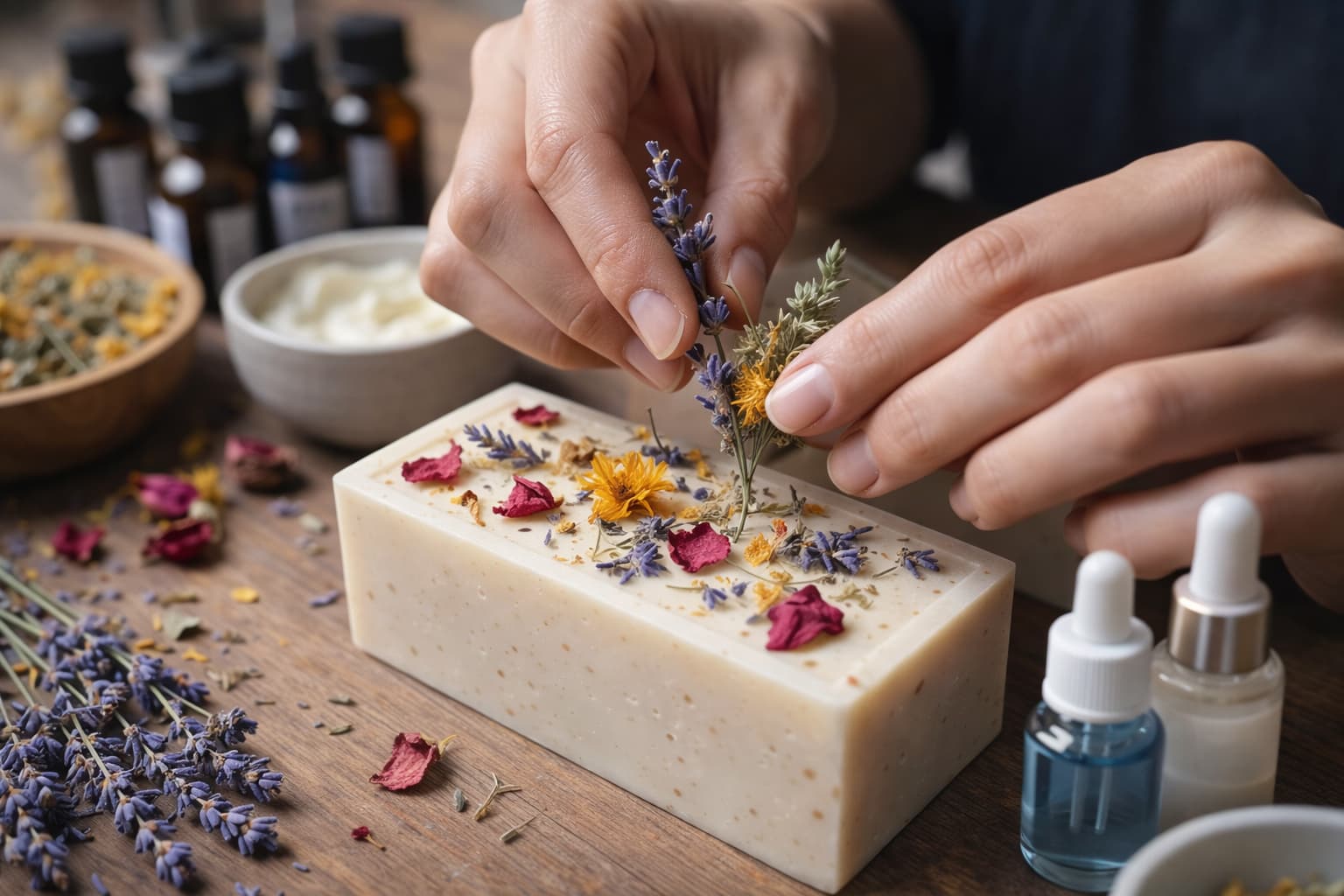 Handgemachte Naturseife wird mit getrockneten Blüten und ätherischen Ölen dekoriert – selbstgemachte Kosmetik zum Verkaufen