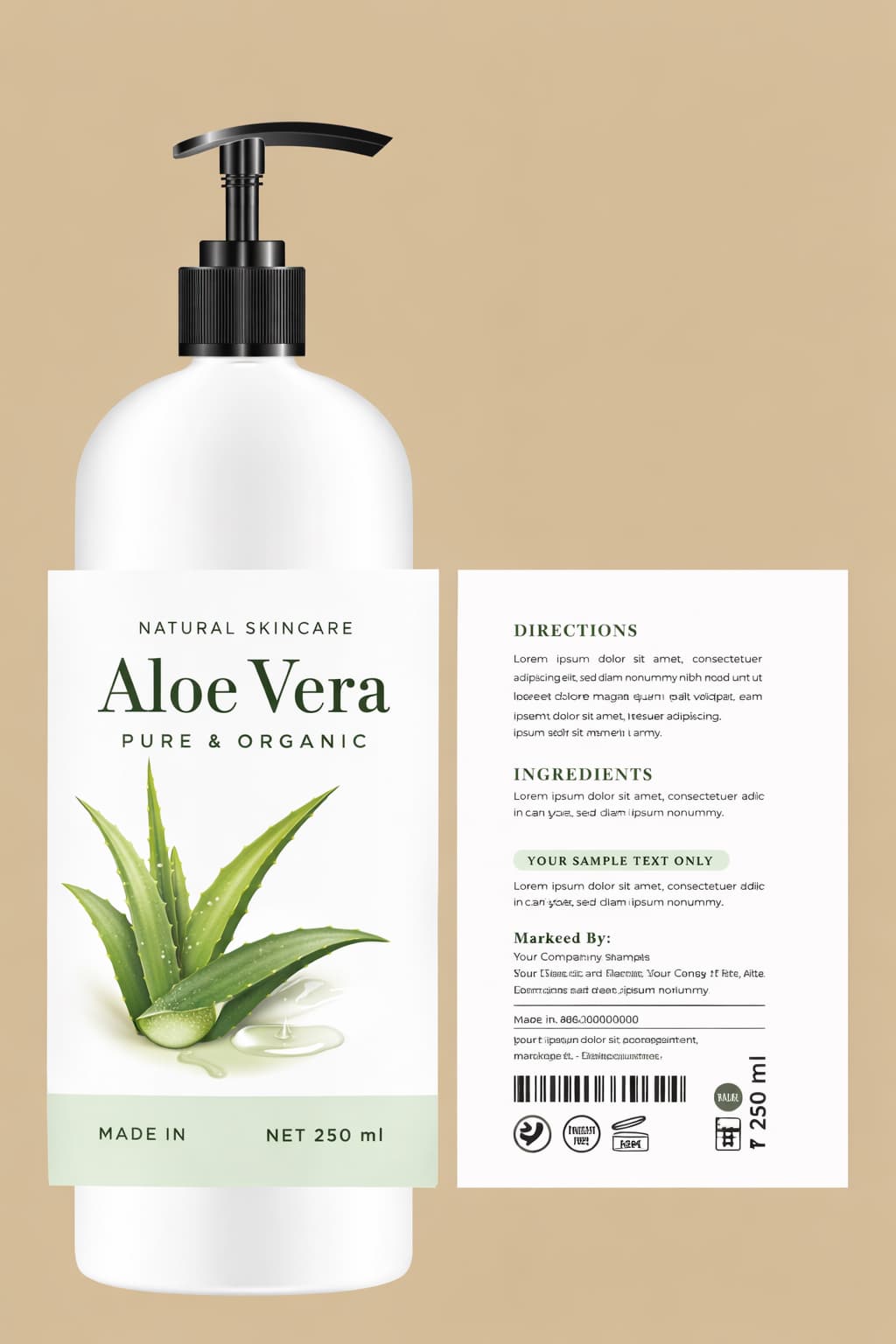 Kosmetikflasche mit abgerolltem Etikett zeigt alle Pflichtangaben – Directions, Ingredients, Herstellerangaben und Symbole