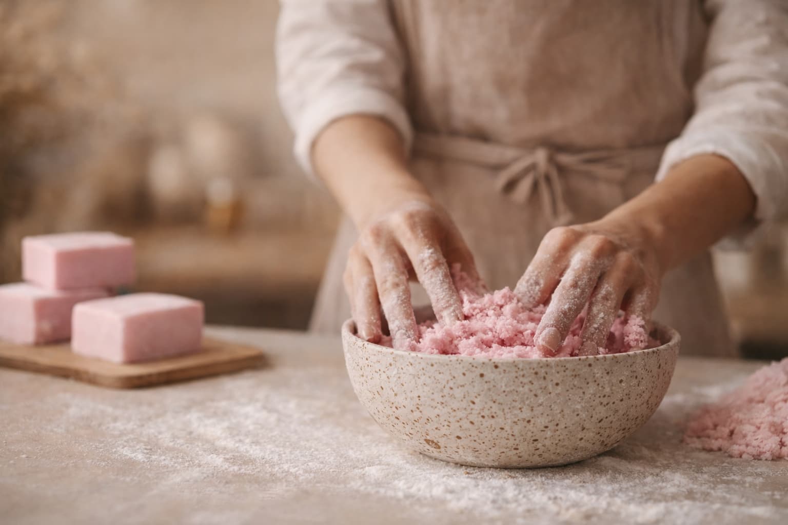 Hände mischen rosa Badesalz in Keramikschüssel – zertifizierungsfähig produzieren auch ohne Siegel