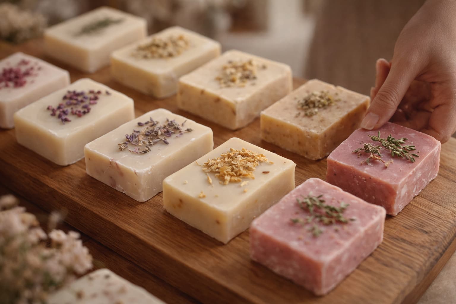 Handgemachte Naturseifen mit getrockneten Kräutern auf Holzbrett – Naturkosmetik ohne Siegel verkaufen