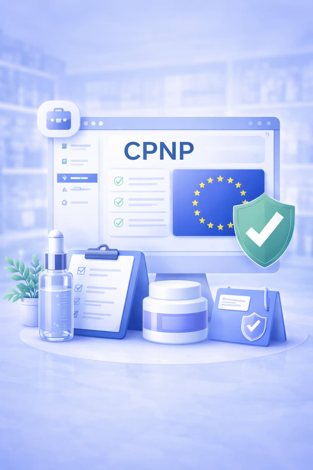 CPNP portal with EU flag, checklist and cosmetic products