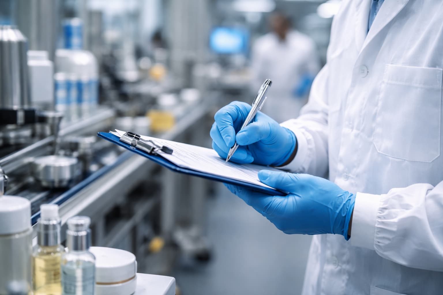 CPNP-Dokumentation prüfen — Qualitätskontrolleur dokumentiert Produktionsdaten auf Klemmbrett in der Kosmetikherstellung