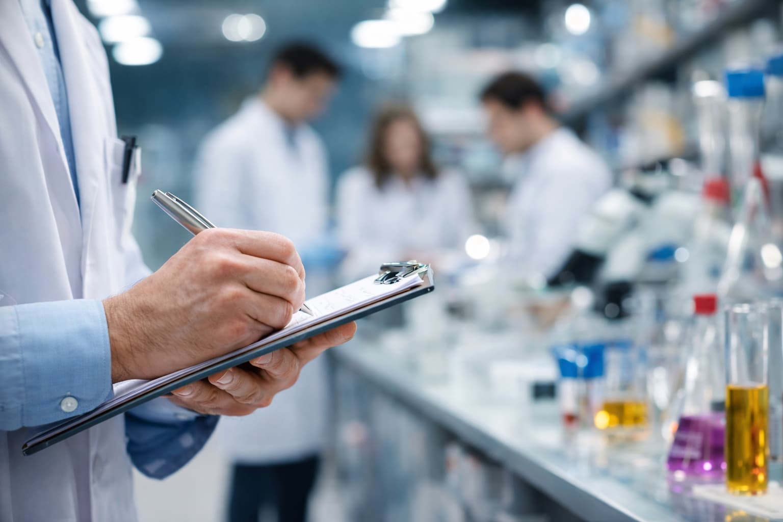 GMP-Audit in der Kosmetikproduktion — Qualitätsprüfer dokumentiert Prüfergebnisse auf Klemmbrett im Labor mit Laborteam im Hintergrund