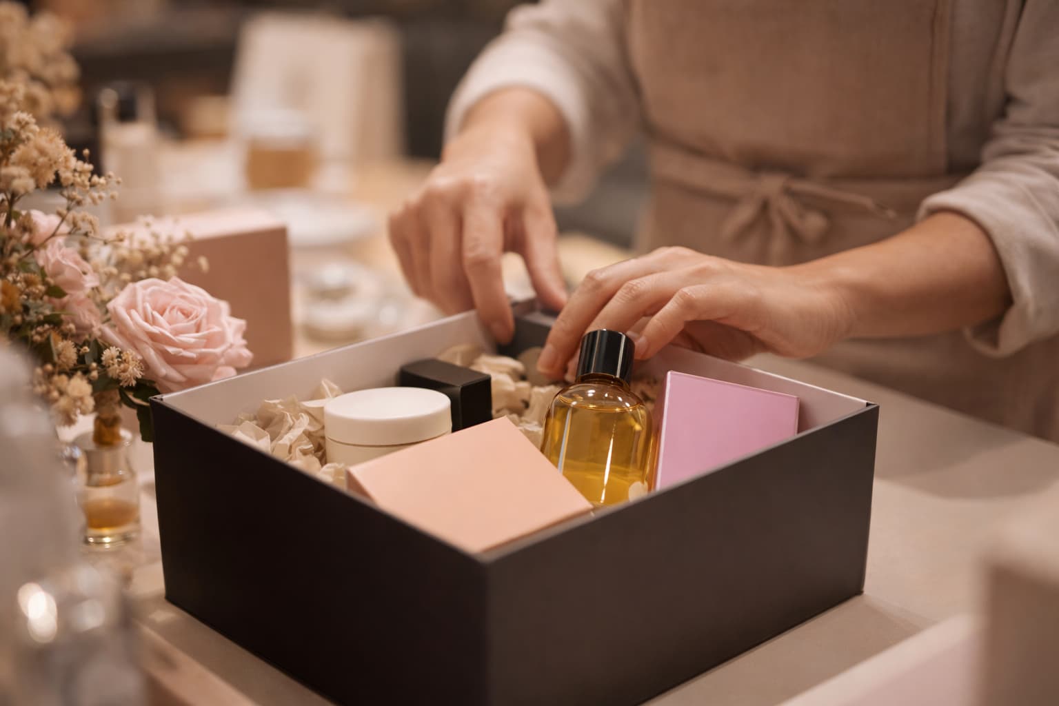 Frau verpackt handgemachte Kosmetikprodukte in elegante Geschenkbox – Kosmetik-Gewerbe von Zuhause anmelden