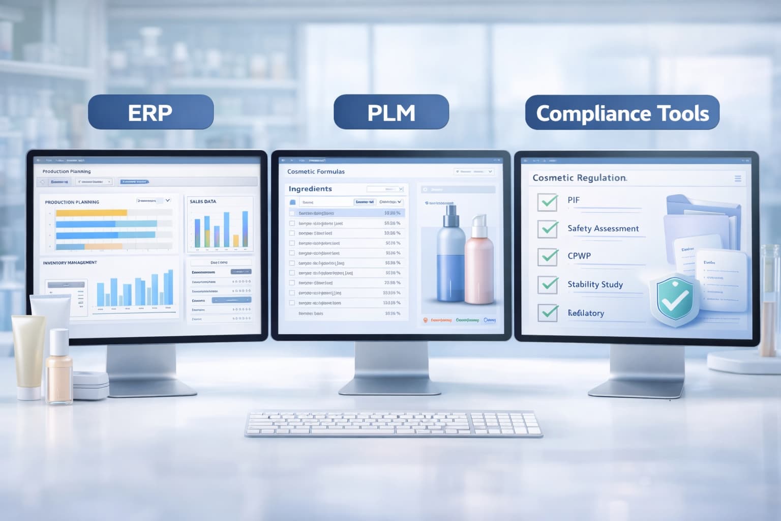 Kosmetik-Software im Vergleich — Drei Monitore zeigen ERP, PLM und Compliance-Tools für Kosmetikhersteller
