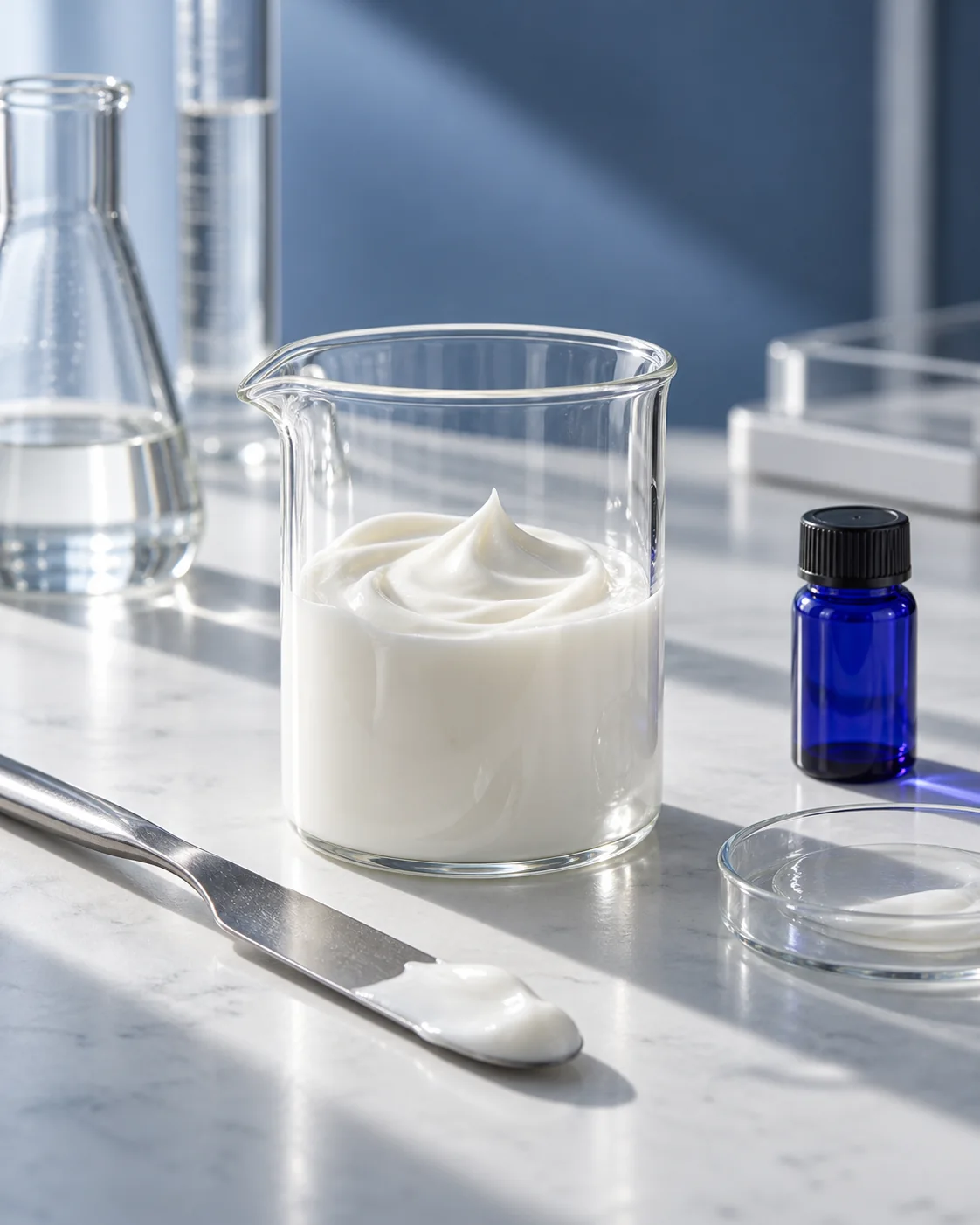 Glasbecher mit weißer Creme, Metallspatel und blaues Probenfläschchen auf einer hellen Laborfläche.